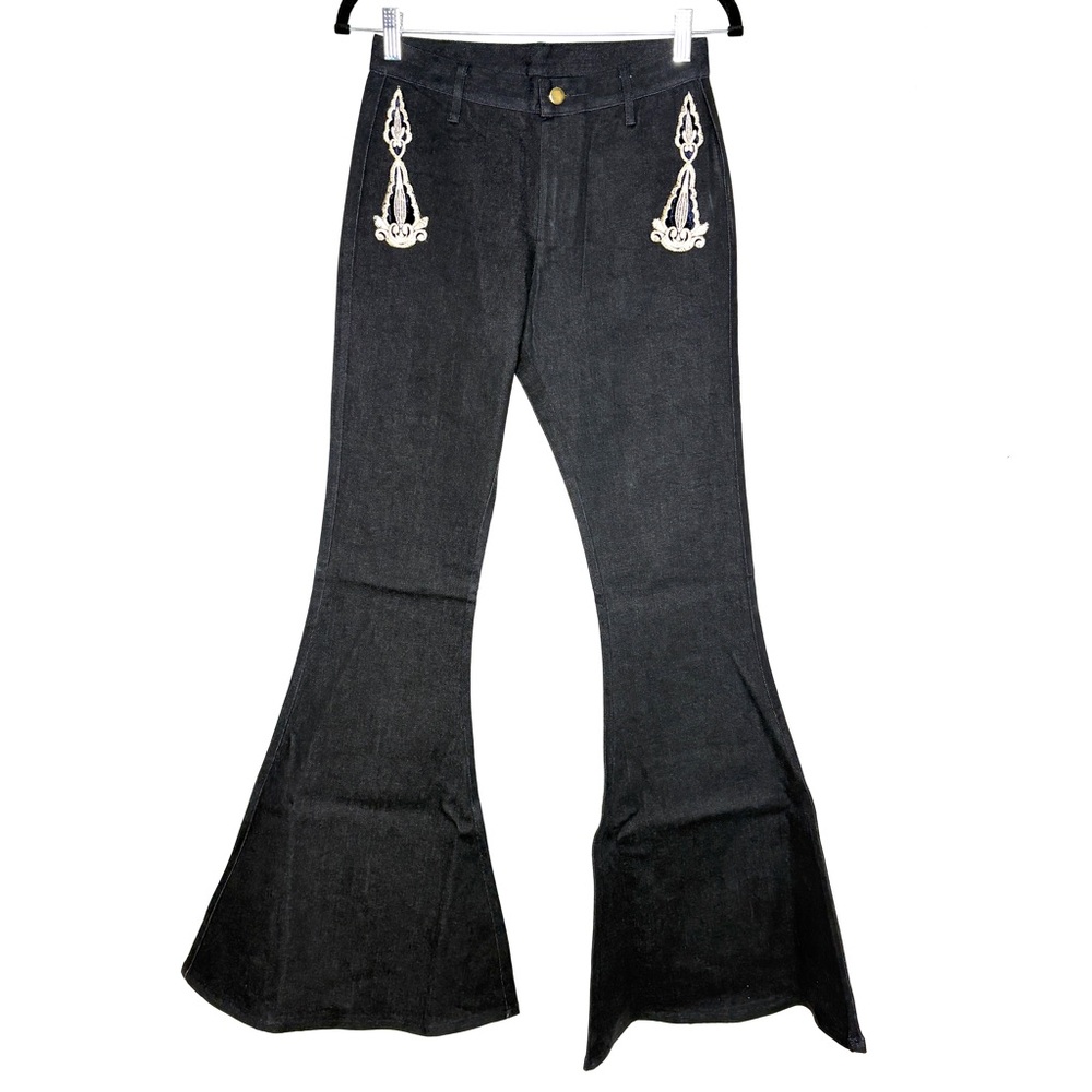 NWT Lenni The Label Flare Leg Stretchy Denim Boho Embroidered Jeans Black Size 4